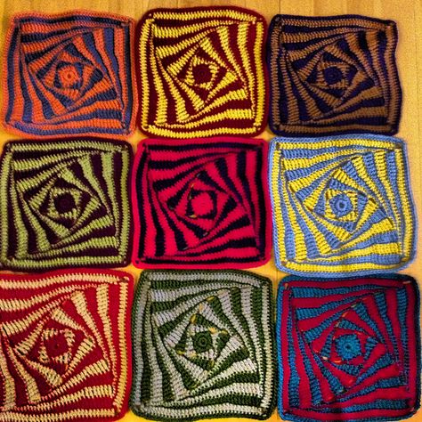 Ravelry: Project Gallery for On the Huh Crochet Square pattern by Jacqui Goulbourn Crochet Eye Granny Square Free Pattern, Afghan Crochet Squares Patterns, Crochet Granny Square One Color, Spiral Square Crochet, Grammy Square Crochet Pattern, Afghan Blocks Crochet, Interesting Granny Square Patterns, Two Colored Granny Square, Aesthetic Granny Square Pattern