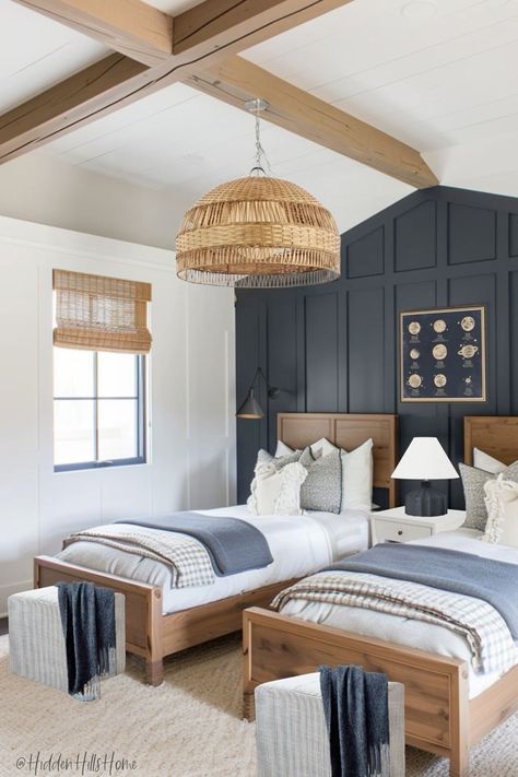 Twin Beds Sibling Room, Twin Bed Layout Ideas, Boys Room Two Twin Beds, Dark Navy Accent Wall, Navy Blue Kids Bedroom, Modern Farmhouse Kids Bedroom, Guest Room With Twin Beds, Room With Two Queen Beds, Lake House Guest Bedroom