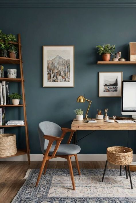 Choosing the ideal paint color for your home office can make a significant impact on your productivity and mood. Discover expert tips for selecting the perfect shade. #ad      #HomeOffice  #ColorfulInteriors  #DIYpainting  ##DIYhomedecor  #cozyhome Dark Furniture Office, Blue Home Office Walls, Paint Colors For Small Office, Light Blue Office Design, Office Earth Tones, Boho Office Colors, Modern Boho Office Ideas, Small Home Office Paint Ideas, Home Office Vibes