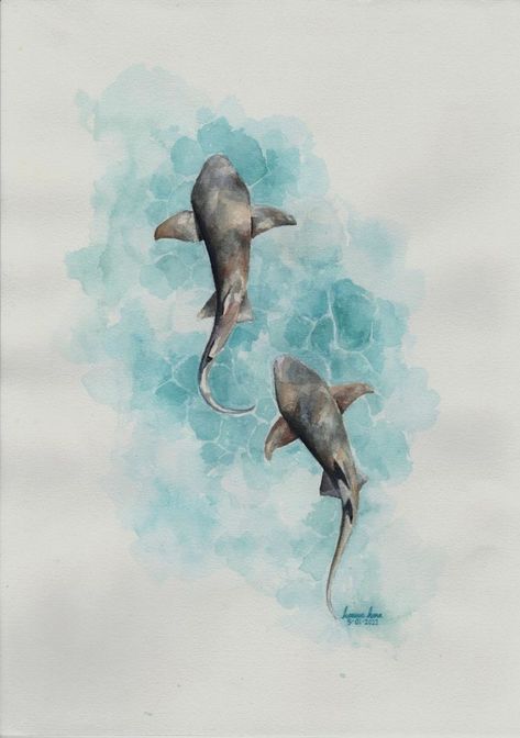 Water Painting Sketches, Ocean Life Watercolor Paintings, Watercolour Shark Tattoo, Shark Watercolour Painting, Shark In Water Drawing, Underwater Art Watercolor, Watercolour Ocean Animals, Marine Life Watercolor Painting, Summer Paintings Watercolor