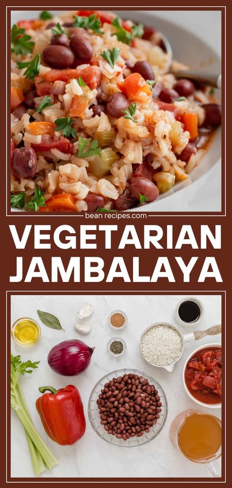 Your new go-to meal for Meatless Mondays! Made with red beans and rice, this Vegetarian Jambalaya is hearty and packed with Cajun flavors. It's also an easy dinner recipe in one pot! Vegan option included! Vegetarian Jambalaya, Vegetarian Bean Recipes, Easy Bean Recipes, Vegan Bean Recipes, Red Beans Rice, Vegan Jambalaya, Jambalaya Recipe, Recipe Vegetarian, Meatless Dinner