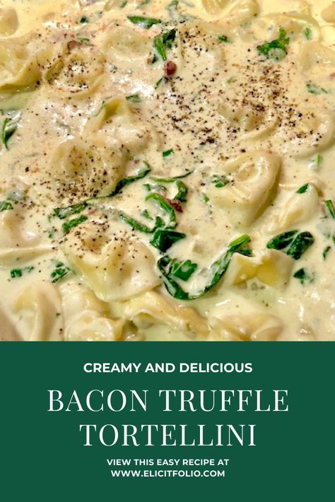 Creamy Bacon Truffle Tortellini Pasta With Truffle Cream Sauce, Truffle Oil Uses, Bacon Alfredo Tortellini, Truffle Shrimp Pasta, Truffle Sauce Pasta, One Dish Pasta, Truffle Tortellini, Cheese Tortellini Pasta, Truffle Oil Recipes