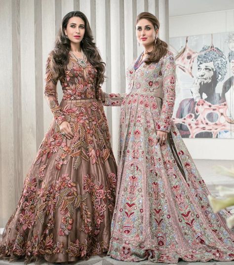 Karisma and Kareena Kapoor for Manish Malhotra #indianfashion Kareena Kapoor Wedding Dress, Kareena Kapoor Wedding, Karina Kapoor, Nails Tattoo, Fashionable Nails, Long Gowns, Nails Fashion, Salwar Kamiz, Ghagra Choli