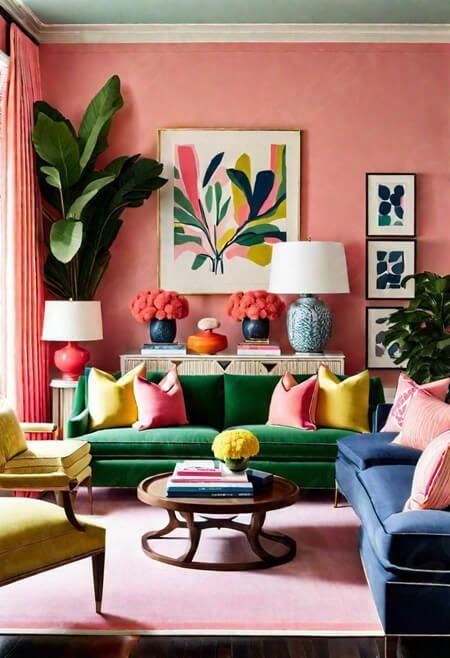 home decor ideas bedroom home decor gift home decor tips Coral Pink Living Room, Bright Pink Living Room, Pink Interior Design Living Room, Pink Lounge Ideas Living Rooms, Pink Drawing Room, Pink Walls Living Room, Pink And Orange Living Room, Pops Of Color Decor, Pink Green Living Room