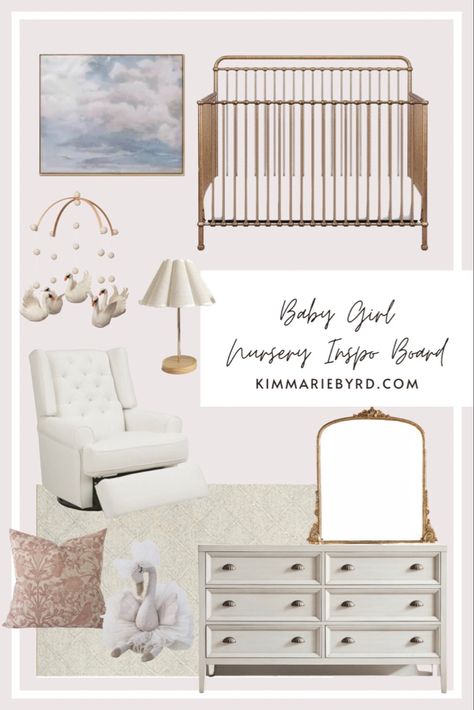 Gold Iron Crib Nursery, Nursery With Brass Crib, Gold Metal Crib Nursery, Baby Girl Nursery Gold Crib, Swan Themed Nursery, Girl Nursery Ideas Vintage, Swan Nursery Theme, Swan Theme Nursery, Brass Crib Nursery