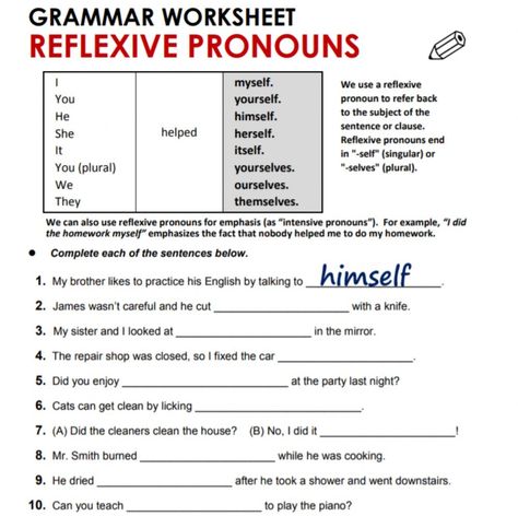 Worsheet - Ficha interactiva Reflective Pronouns Worksheet, Reflexive Pronouns Activities, Reflexive Pronouns Worksheet, Pronouns Exercises, English Printables, Reflexive Pronouns, Personal Pronouns Worksheets, Pronouns Worksheet, Pronoun Activities