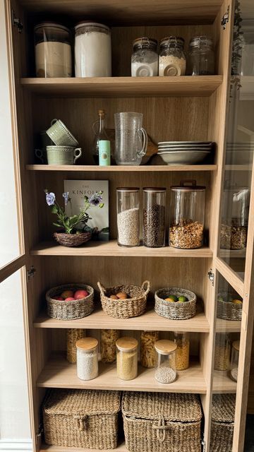 Ikea Kitchen Cupboard Storage, Billy Kitchen Storage, Cleaning Cupboard Organisation, Kitchen Cupboard Pantry, Ikea Billy Oxberg, Pantry Cupboard Ideas, Kitchen Cabinet Display, Billy Oxberg Bookcase, Oxberg Bookcase