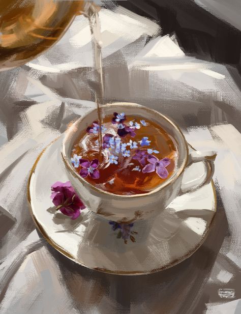 Coffee In Teacup, Teacup Oil Painting, Aesthetic Coffee Painting, Tea Painting Art, Espresso Painting, Cup Of Tea Painting, Oil Paint Ideas, Teacup Photography, Tea Oil Painting