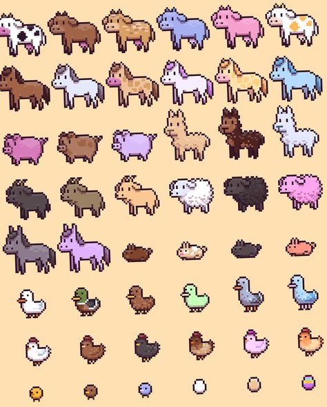 Pixel art farm animals Pastel Pixel Art, Pixel Art Tileset, Build Cute, Free Pixel Art, Pixel Art Animals, Types Of Animals, Art Animals, Game Inspiration, Small Island