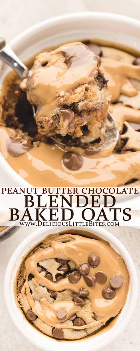 Blended Baked Oats went viral on TikTok for good reason. Not only are they delicious and healthy, but they taste like cake! This recipe includes the much loved combination of peanut butter and chocolate chips, but once you know the base recipe you can customize the oats in an endless amount of different ways. | #blendedbakedoats #blendedoatsrecipe #blendedoats #oatmeal #oats #tiktokviral #viralrecipe Quick Baked Oats, Quick Oat Dessert, Desserts With Oats Healthy, Oatmeal For Lunch Recipes, Best Baked Oats, Instant Oats Recipes Baking, Oat Baked Goods, Blended Oatmeal Bake, Baked Oatmeal Dessert