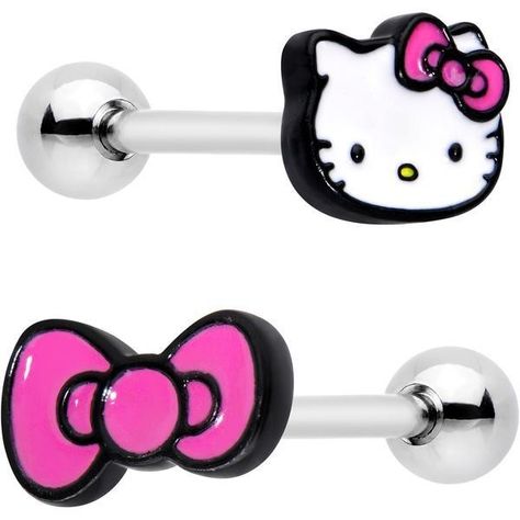 Officially Licensed Hello Kitty Pink Bow Barbell Tongue Ring Set ❤ liked on Polyvore featuring jewelry, rings, pink ring, stainless steel body jewelry, pink bow ring, set rings and stainless steel jewellery Cute Tongue Rings, Cute Tongue Piercing, Tongue Piercing Jewelry, Kawaii Logo, Double Tongue Piercing, Belly Button Piercing Jewelry, Tongue Ring, Hello Kitty Bow, Hello Kitty Jewelry