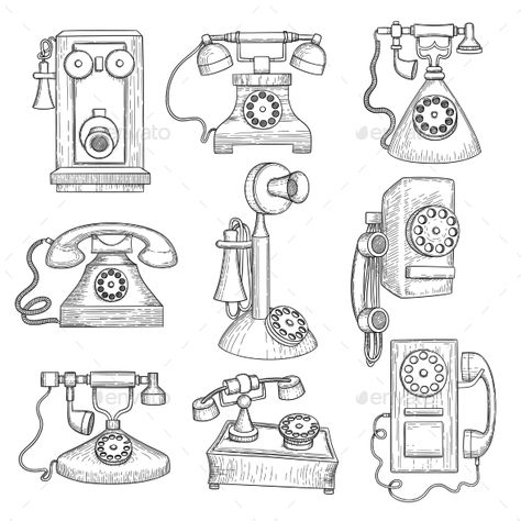 Old Fashioned Telephone Drawing, Retro Telephone Drawing, Old Things Drawing, Landline Phone Tattoo, Retro Telephone Illustration, Old Telephone Tattoo, Vintage Telephone Drawing, Vintage Things To Draw, Old Telephone Drawing