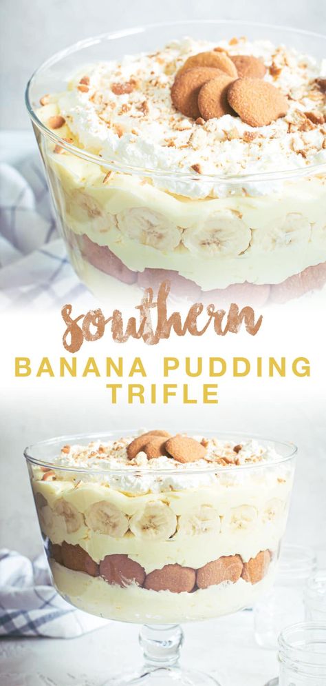 This simple southern dish is a showstopper dessert perfect for picnics or gatherings. With layers of bananas, mixed in with pudding topped with homemade whipped cream and vanilla wafers, this Banana Pudding Trifle is a must-make dessert. #SouthernBananaPudding #BananaPuddingTrifle #SouthernDessertRecipes Homemade Vanilla Wafers, Banana Trifle, Pudding Trifle, Banana Pudding Trifle, Trifle Bowl Recipes, Trifle Dessert Recipes, Showstopper Dessert, Banana Pudding Desserts, Southern Banana Pudding