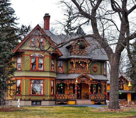 Constructed in 1891, this Eastlake - Queen Anne Style house was built for William and Abby Wing, who contributed greatly to Elgin's development in the 19th century. At the time, the home was considered the most elegant home in the Fox Valley designed by notable architect, Smith Hoag. The Wing Mansion was designated a local historic landmark in April, 2017. Victorian House Exterior, Queen Anne Victorian House, Elgin Illinois, Victorian Homes Exterior, Queen Anne House, Queen Anne Victorian, Historical Homes, Sunken Living Room, Victorian House