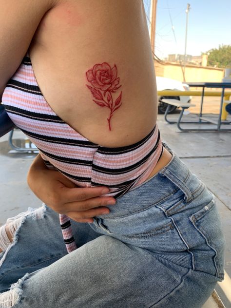 Side Stomach Tattoos, Red Flower Tattoos, Rose Tattoos For Women, Hand Tattoos For Girls, Pretty Hand Tattoos, Neck Tattoos Women, Red Rose Tattoo, Small Pretty Tattoos, Writing Tattoos