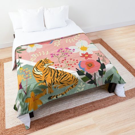 "Tiger Jungle" Comforter for Sale by northstar11 | Redbubble White Girls Bedroom, Tiger Girl, Cat Bedroom, Kids Shared Bedroom, Georgia Homes, Shared Bedroom, College Dorm Bedding, Make Your Bed, Dorm Bedding