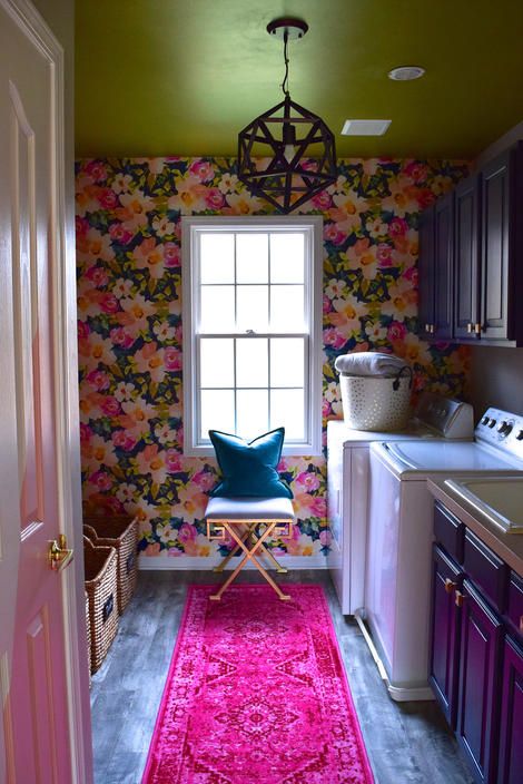 One Room Challenge: Laundry Reveal! Nails Challenge, Pink Laundry Rooms, Pink Rugs, Laundry Room Wallpaper, Laundry Room Remodel, Laundry Room Inspiration, Hal Decor, Laundry Decor, Room Challenge