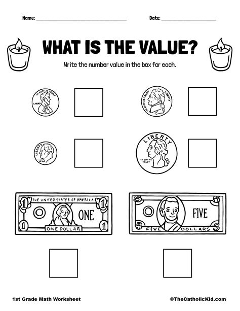 What is the Value Money Worksheet - TheCatholicKid.com Money Math Worksheets, Money Value, Learning Money, Measurement Worksheets, Catholic Homeschool, Money Math, Money Worksheets, Math Interactive, Math Interactive Notebook