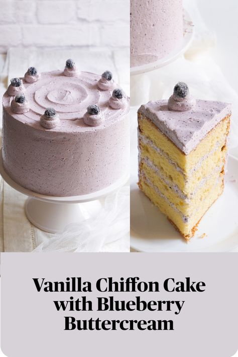 Blueberry Birthday Cake Recipes, Berry Chiffon Cake, Chiffon Cake Recipes, Chiffon Layer Cake, Chiffon Birthday Cake, Specialty Cakes Recipes, Blueberry Chiffon Cake Recipe, Chiffon Cake Decoration Ideas, Spring Cake Flavors