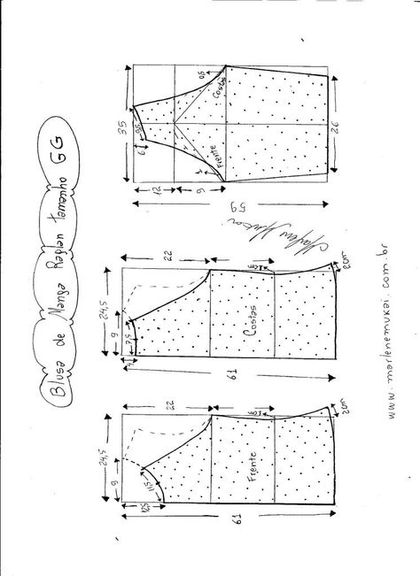 Esquema de modelagem de blusa de malha de manga raglan tamanho GG. Pola Blus, Áo Blu, Pattern Drafting, Clothes Sewing Patterns, Fashion Sewing Pattern, Blouse Diy, Dress Sewing Patterns, Pants Pattern, Sewing Patterns Free