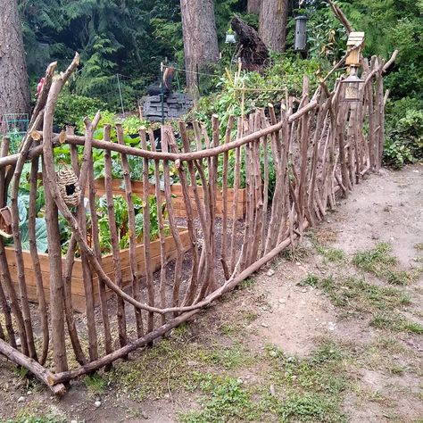 Fun & whimsical garden fence made from reclaimed western red cedar limbs and branches. Garden Fence Branches, Garden Arch From Branches, Fence Out Of Branches, How To Make Twig Fencing, Branch Fence Diy, Home And Garden Design Ideas, Branch Fence Ideas, Whimsical Garden Fence, Whimsical Vegetable Garden