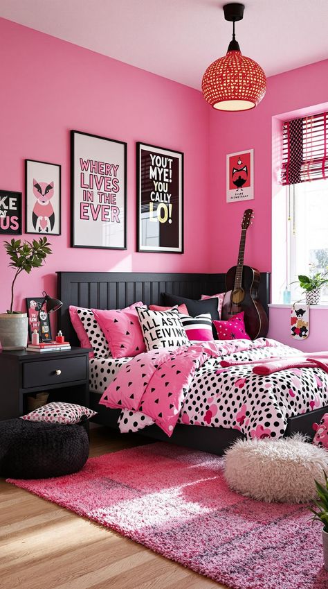 Pink and Black Bedrooms Black Pink And Grey Bedroom Ideas, Black Bedroom Ideas For Teens, Pink And Black Bedroom Aesthetic, Black White Pink Bedroom, Hot Pink Bedroom Ideas, Pink And Black Bedroom Ideas, Pink Black Bedrooms, Pink Teen Bedrooms, Pink And Black Bedroom