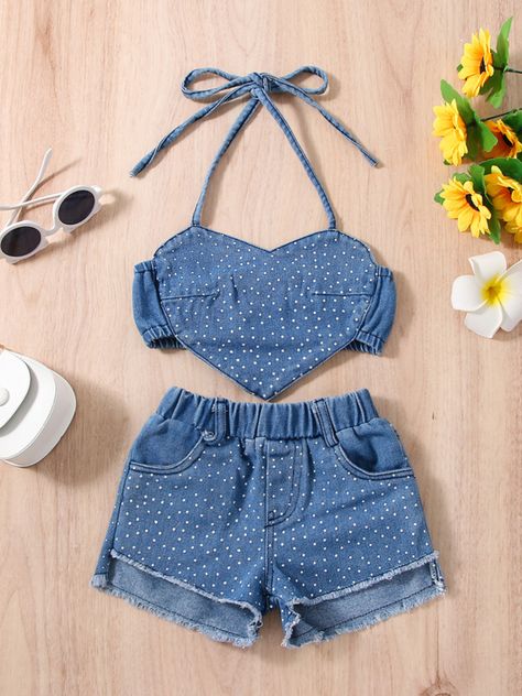 Ripped Jeans Shorts, Denim Halter Top, Denim On Denim Looks, Looks Jeans, Toddler Girl Summer, Ripped Jean Shorts, Toddler Girl Outfit, Summer Outfits Kids, Kid Clothes