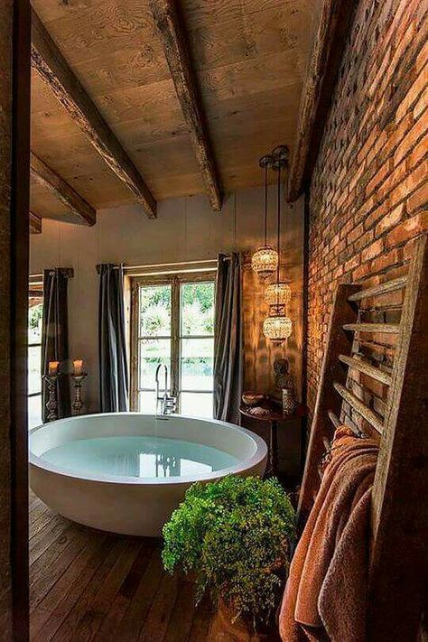 Ohhh myyy, I would never leave.....                                                                                                                                                                                 More Lodge Style Home, Luxury Bathtub, Rustic Basement, Interior Boho, Exposed Brick Walls, Gorgeous Bathroom, Rustic Bathrooms, Lodge Style, Dream Bathrooms