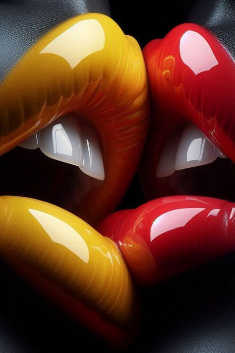 create a hyper realistic image of a two lips with glossy shiny vibrant yellow lips, and glossy shiny vibrant red , each other biting softly lip , background dark , ultra HD 64k hyperrealism studio lightning light reflection Lip Art Painting, Yellow Lips, Lip Background, Lips Illustration, Lip Artwork, Pop Art Lips, Lips Art Print, Attractive Wallpapers, Lips Photo