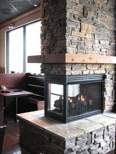 Ledge Stone Fireplace, Tv Camino, 3 Sided Fireplace, Stone Veneer Fireplace, Rustic Stone Fireplace, Stone Fireplace Designs, Basement Fireplace, Fireplace Pictures, Fireplace Remodel