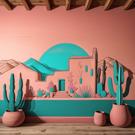 Cactus Wall Mural Diy, Diy Desert Wall Mural, Tentecale Drawing, Southwest Mural, Desert Mural, Exterior Murals, Interior Murals, Drawing Room Interior, Wall Painting Decor