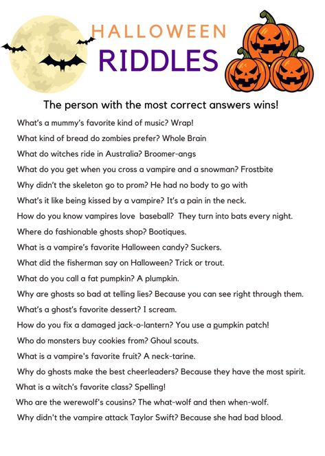 Get your little boys and ghouls excited about the holiday with this fun and engaging riddle game. Our game is perfect for a classroom party, family gathering, or just a fun activity to celebrate the holiday. This printable game includes 20 Halloween-themed riddles that are sure to challenge and entertain your little ones. The player with the most points at the end of the game wins! Our Halloween Riddle Game is a fun way to celebrate the holiday. It's also a great way to encourage critical thinki Halloween Brain Teasers, Halloween Riddles, Halloween Party Activities, Lunchbox Notes, Halloween Games For Kids, Halloween Bash, Halloween Party Games, Jokes And Riddles, Brain Teaser