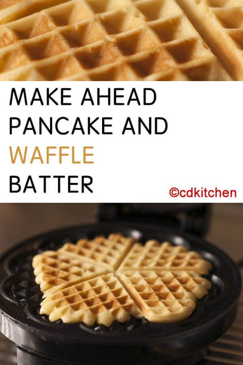 Make Ahead Pancake and Waffle Batter - Make-ahead batter takes the headaches out of pancake mornings. Or waffle mornings, for that matter. This double duty batter keeps a few days in the fridge, and keeps mornings calm. | CDKitchen.com Belgium Waffle Recipe, Waffle Batter Recipe, Waffle Batter, Pancake And Waffle, Waffle Iron Recipes, Waffle Maker Recipes, How To Make Waffles, Active Dry Yeast, Batter Recipe