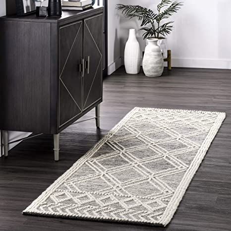 nuLOOM Natti Contemporary Trellis Wool Runner Rug, 2' 6" x 10', Grey Grey Trellis Rug, Contemporary Trellis, Black White Area Rug, Black Runner Rug, Modern Trellis, Black White Rug, Moroccan Trellis, Trellis Rug, Fire Island