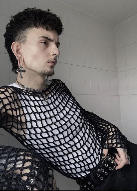 Male Fishnet Outfit, Fem Outfits For Men, Goth Fashion Men, Techno Rave Outfit, Black Fishnet Top, Aesthetic Male Outfits, Fishnet Outfit, Crop Top Men, Fishnet Shirt