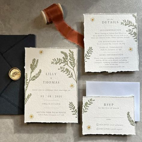 Forest themed wedding stationery on hand torn cotton rag paper 👌🏼 Invitations are the first impressions your guests will have of your upcoming wedding. Set the tone and make it feel as special as the day itself. #wedding #specialday #eventstationery #weddingstationery #weddingstationerydesign #forestwedding #outdoorwedding #designedbyme #cottonragpaper #weddinginspo #luxurywedding #luxuryweddingplanner Nature Inspired Wedding Invitations, Botanical Wedding Invite, Forest Invitation Wedding, Natural Wedding Invitations, Wedding Invitations Forest, Deckled Edge Wedding Invitation, Woodland Forest Wedding, Forest Wedding Invitation, Rustic Forest Wedding