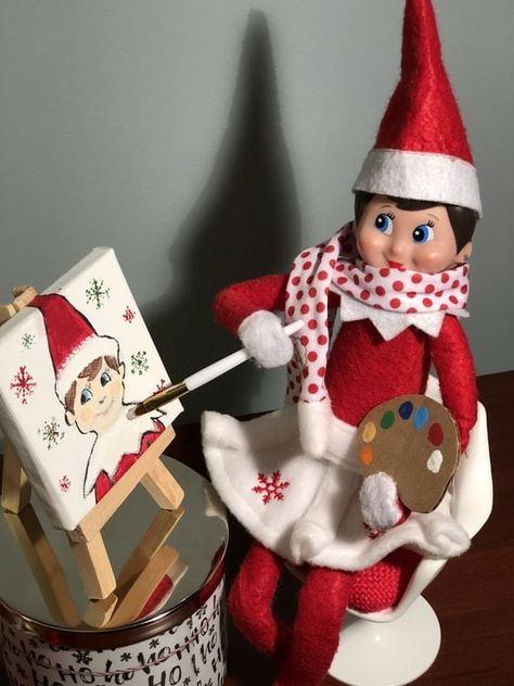 Elf Self Portrait, Elf On The Shelf Painted Banner, Elf On The Shelf Portrait, Elf On Shelf Painting, Elf On The Shelf Painting Canvas, Elf On The Shelf Painting Ideas, Christmas Elf Painting, Ideas For Two Elves On The Shelf, Elf Painting On Canvas