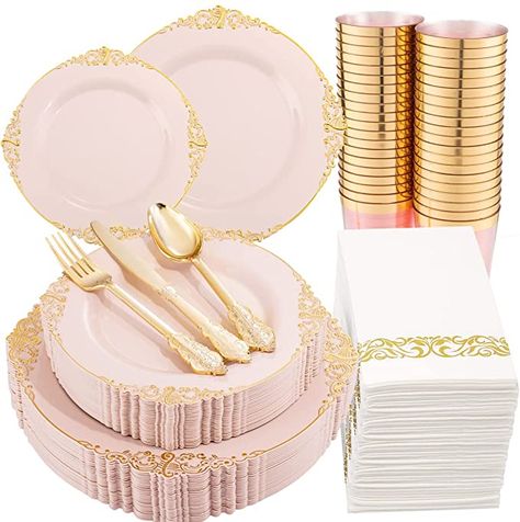 Amazon.com: Morejoy 175pcs Pink Gold Plastic Plates-Pink Disposable Plates include: 25 Dinner Plates,25 Dessert Plates, 25 Forks, 25 Spoons,25 Knives, 25 Cups,25 Napkins for Wedding &Party&Easter Day : Everything Else Easter Dinnerware, Gold Plastic Silverware, Napkins For Wedding, Gold Plastic Plates, Plastic Dinnerware Sets, Pink Plates, Plastic Silverware, Plastic Dinnerware, Custom Baby Gifts