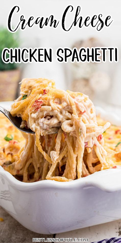 Baked cream cheese chicken spaghetti casserole is southern comfort food! It gets a kick of spicy goodness from Rotel tomatoes and chiles. Cheese Chicken Spaghetti, Baked Cream Cheese Chicken, Speggetti Recipes, Mexican Chicken Spaghetti, Best Chicken Spaghetti Recipe, Easy Chicken Spaghetti Recipe, Use Rotisserie Chicken, Rotel Chicken Spaghetti, Easy Chicken Spaghetti