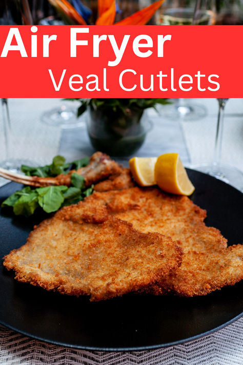 This air fryer wiener schnitzel recipe offers a quick and easy way to enjoy classic German cuisine! Prepare this tender and juicy dish using veal, lemon juice, and bread crumbs for a delicious meal. You'll love serving this air fryer recipe for dinner or at your Oktoberfest celebrations! Air Fryer Veal Cutlets, Veal Cutlets In Air Fryer, Air Fryer Veal Parmesan, Breaded Veal Cutlets, How To Cook Veal, Veal Cutlet Recipes, Veal Parmesan, Schnitzel Recipe, Veal Chop