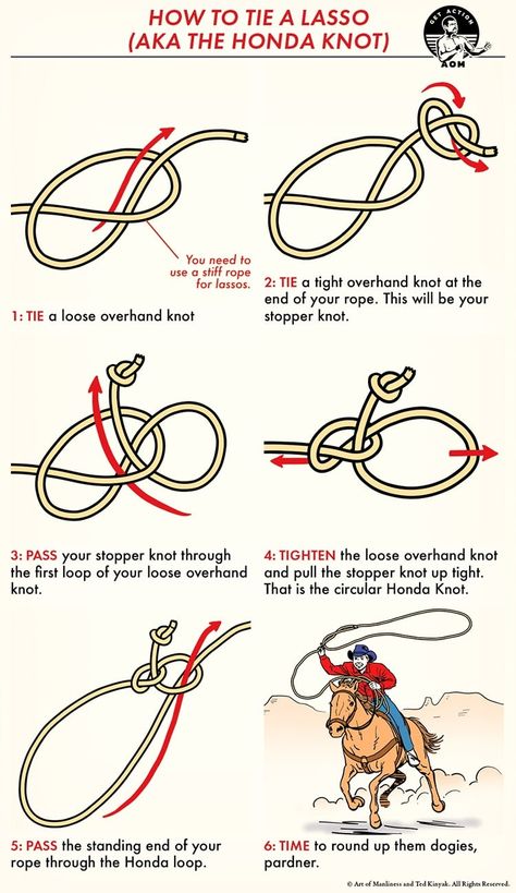 How to Tie a Lasso | The Art of Manliness How To Tie A Lasso Knot, How To Lasso, Cowboy Knot, Bug Out Bag List, Best Riddles For Kids, Scout Knots, Lasso Rope, Hook Knot, Cowboy Crafts