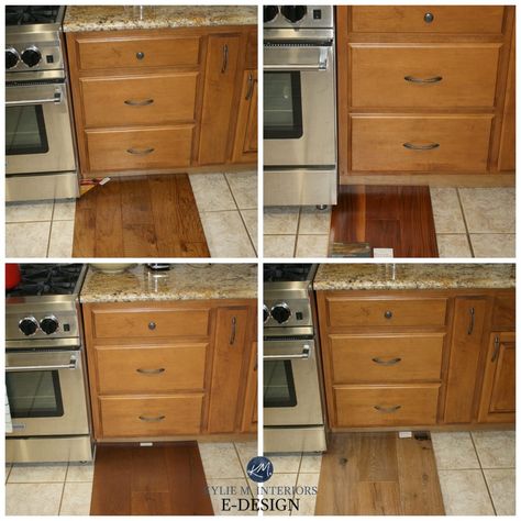 Wood Cabinets With Wood Floors, Cabinets With Wood Floors, Honey Oak Trim, Dark Oak Cabinets, Kitchen Cabinets And Flooring, Wood Floor Colors, Stained Kitchen Cabinets, Honey Oak Cabinets, Red Oak Floors