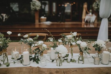 Bud Vases Wedding, Bud Vase Centerpiece, Long Table Wedding, Langley Bc, Minimalist Wedding Decor, Candle Wedding Centerpieces, Wedding Vases, Neutral Wedding, Wedding Table Settings