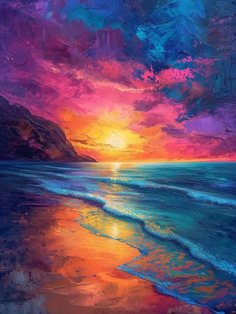 Vibrant Digital Art, Landscape Art Inspiration, Vibrant Landscape Paintings, Colourful Acrylic Paintings, Colourful Landscape Paintings, Art Landscapes Painting, Aesthetic Art Ideas Painting, How To Paint Landscapes, Painting Landscape Ideas