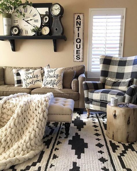 What's got gorgeous style, beautiful black and white detailing, and comfy-cozy vibes too? This amazing #livingroom! Thx for including our Table Top Mora Clock in your #decor! #homedecor #decorideas #livingroomdecor Rustic Lounge, Farmhouse Bedroom Decor Ideas, Furnitur Ruang Keluarga, Farmhouse Living Room Decor Ideas, Rustic Farmhouse Living Room, Crazy House, Decor Western, Decor Themes, Room Deco