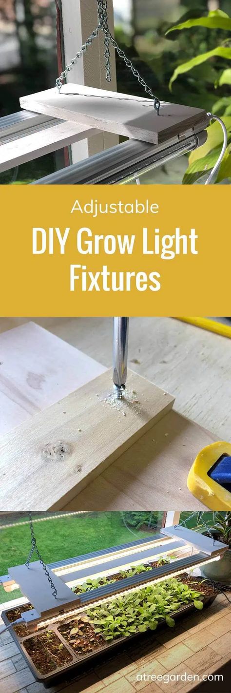 Adjustable DIY Grow Light Fixtures | A Tree Garden Grow Light Set Up Diy, Outdoor Grow Lights, Grow Light Stand Diy, Diy Plant Stand With Grow Light, Hanging Grow Lights Indoor, Grow Light Ideas, Grow Lights Diy, Diy Grow Light, Cheap Grow Lights