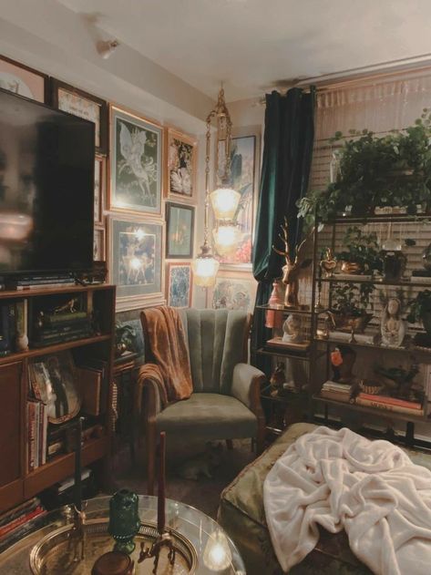 Cottagecore Goth Aesthetic Room, Witches Study Room, Studio Apartment Dark Academia, Dark Eclectic Apartment, Cozy Academia Living Room, Dark Eclectic Home Bedroom, Maximalist Bedroom Vintage, Goblincore Office, Botanical Maximalism