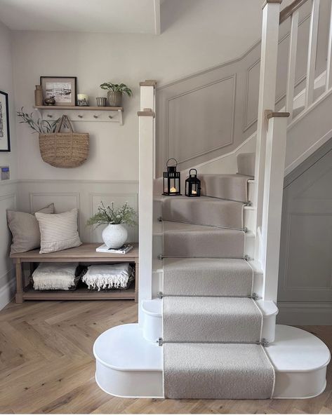 Grey Hallway Ideas, Country Hallway, Cottage Hallway, Stairs And Hallway Ideas, Stair Paneling, Landing Ideas, Grey Hallway, White Hallway, Stairs Design Interior