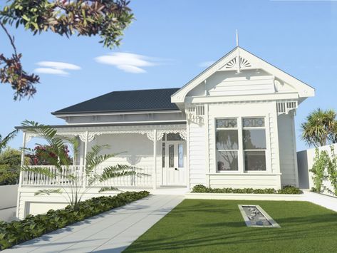 Villa Exterior Nz, Dunphy House, Exterior Colour Schemes, Exterior Design Villa, White Weatherboard House, Nz Villa, House Frontage, Siding Colors For Houses, White Villa