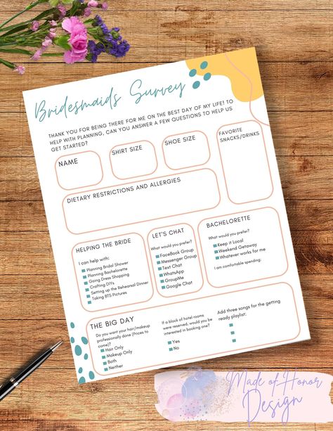 Need an easy way to collect all the information from your bridesmaids? This Bridesmaids Survey will help you keep your girls straight! This is a PDF Print that you can print yourself or send straight to your wedding party. Bridesmaids Dinner Party, Bridesmaid Survey, Bridesmaid Survey Questions, Bridesmaid Google Survey, Bridesmaid Questionnaire, Bachelorette Survey Questions, Bachelorette Survey, Bridesmaid Information Sheet, Bridesmaid Google Form